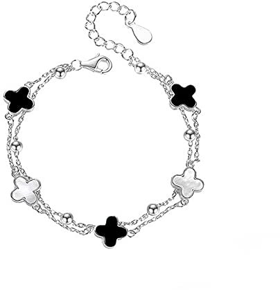 TOEECY Vierblättriges Kleeblatt Armband für Damen und Mädchen 18K Roségold Plattiert Versilbert Glücksarmband viel Glück Geschenke (Silber Schwarz Onyx)
