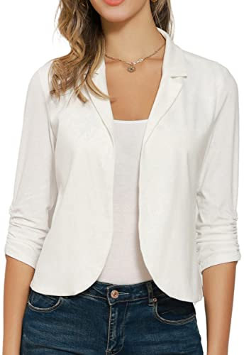 GRACE KARIN Damen Offene Gestrickt Blazer Business Casual Cropped Blazerjacke 3/4 Ärmel kurz Leicht Jacke Mantel Strickjacke Cardigan 2XL Weiß CL1225S22-01