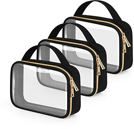 Wedama TSA Approved Toiletry Bag, 3 Pack Clear Makeup Bags with Handles, Quart Size Clear Toiletry Bags, PVC Cosmetic Bags for Women and Men, Carry on Airport Airline Compliant Bag, Black