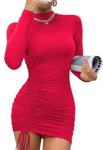 Rongseng Damklänning elegant långärmad sexig miniklänning stretch bodycon-klänning casual klänningar bodycon klänning enfärgade nattklubbskläder kväll cocktail party klänning höst vinter, Röd, XL