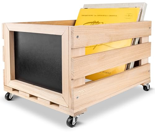 Creative Deco Porta Vinili da Terra 46 x 36 x 29 cm | Contenitori per Vinili con Lavagna e Ruote | Porta Vinile Fino a 80 Dischi | Cassetta per Vinili Contenitore Vinili in Legno di Faggio