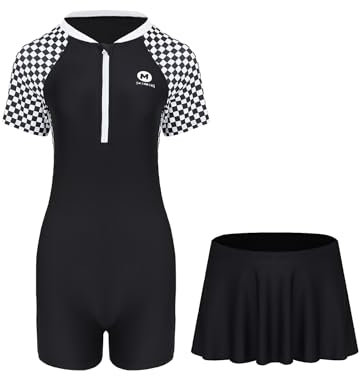 Fldy Mädchen Badeanzug Zweiteiler Mit Rock Kurzarm Bademode Overall Und Rock Bade-Set Kinder Badekleidung Sonnenschutz Sport Swimsuit Schwarz 152-158
