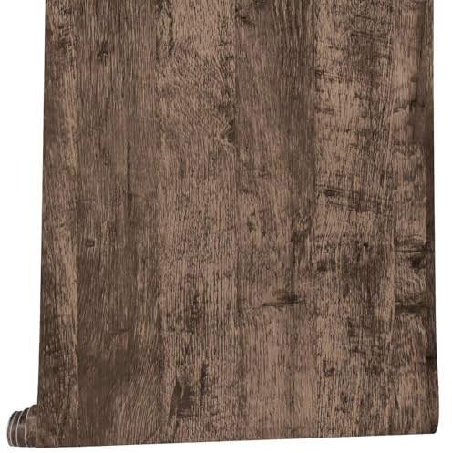 Arthome Auto Adhésif Foncé Marron Bois Papier Peint,44cmx3m Naturel Bois Grain rayé Papier Rustic Autocollant Amovible Imperméable Vinyle Film pour Comptoirs Chambre