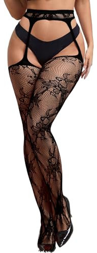 ohmydear Strapsstrümpfe für Damen mit Spitze Strumpfhosen Gemusterte Sexy Strümpfe mit Strapse Oberschenkelhohe Stretch Netzstrümpfe Schwarz 3XL-5XL