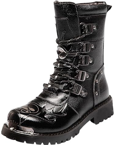 Men's Boots Classic Mid Calf Combat Boots Casual Punk Rock Motorcycle Boots Fashion Strap Metal Riding Boots Comfortable Outdoor Men's Shoes UK