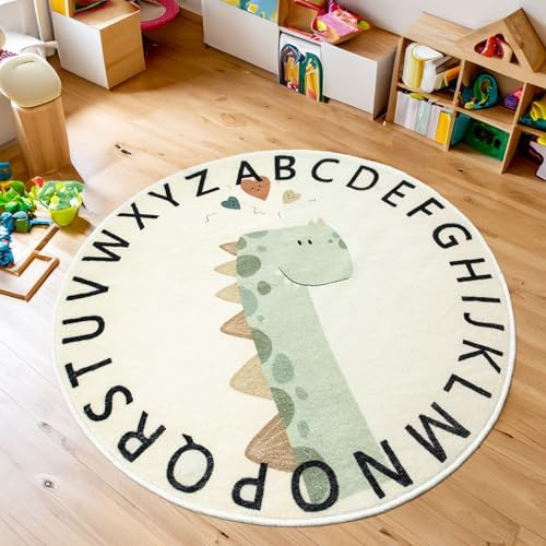 Tapis Design Cartoon Dinosaur Rugs, Soft Cute Childrens Rug Low Pile Nursery Rug Boys Girls Bedroom Rug Non-slip Washable Kids Carpets for Playroom, Round Rug 80cm, Beige and Duck Egg Blue
