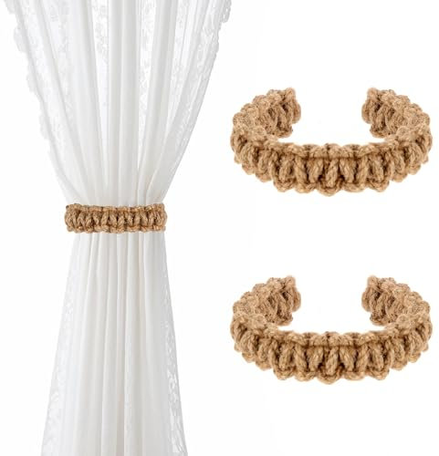 Ptwola 2 Stück Boho Vorhang Raffhalter Gardinenhalter Vorhanghalter Baumwollseil Vorhang Eleganter Rustikale Seil Schnallen Binder für Zuhause Draußen Schlafzimmer Büro Dekorative Vorhänge