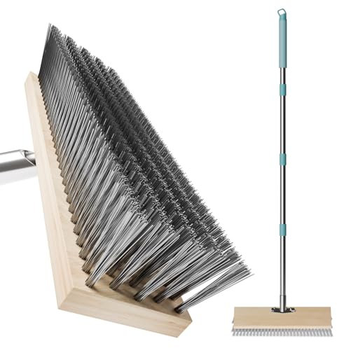 Heavy Duty Wire Broom Deck Scrub Brush with Long Handle 60,BRUSH HEAD11.8,Yard Brush Garden Broom for Cleaning Weed Moss Algae on Patio, Deck, Garden Swimming Pool