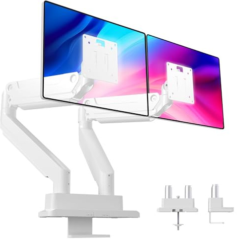Claiks Heavy-Duty Dual Monitor Arm for 17-49'' Ultrawide Curved Screen, Load 20kg, Height Adjustable Monitor Desk Mount with Tilt Swivel Rotate, Gas Spring, VESA 75/100mm, White