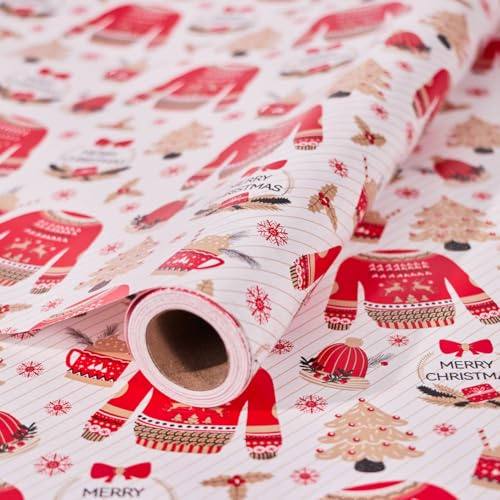 Christmas Wrapping Paper Roll,43cm*12m Christmas Elements Collection Paper for Xmas Present (White and Red)