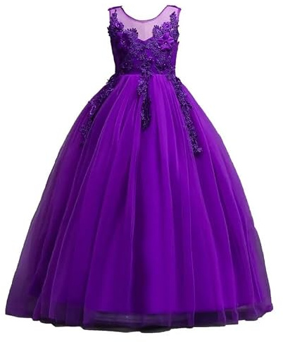 Stora Flickor Tyll Spetsklänning Balklänning Danstävling Bal Kväll Brudtärna Bröllop Blomma Ärmlös Golvlängd(PURPLE,8)