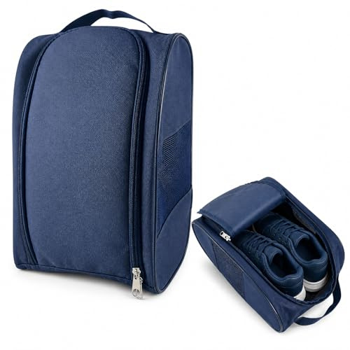 Navy Blue Durable Water-Resistant Shoe Bag for Travel and Gym - Spacious Boot Carrier with Breathable Mesh Panel, Sturdy Carry Handle & Full-Length Zipper for Sports Footwear Storage & Organisation