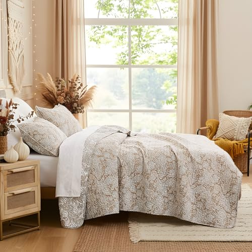 Paisley Quilt Queen Size Bedding Set with 2 Pillow Shams, Reversible Taupe