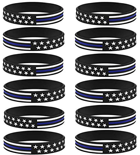 Sainstone 12-Pack Police Thin Blue Line American Flag Bracelets - Blue Lives Matter Silicone Rubber Wristbands Band Set - Support Law Enforcement for Policeman's Prayer Gifts for Police Cops (12-pack)