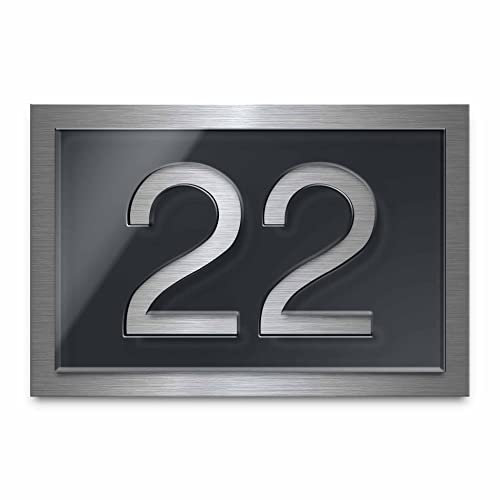 Hausnummern mit Straßenname wetterfest & rostfrei - Modernes Hausnummernschild aus Hochglanz Acryl Glas mit V2A Edelstahlplatte | Haus Nummer