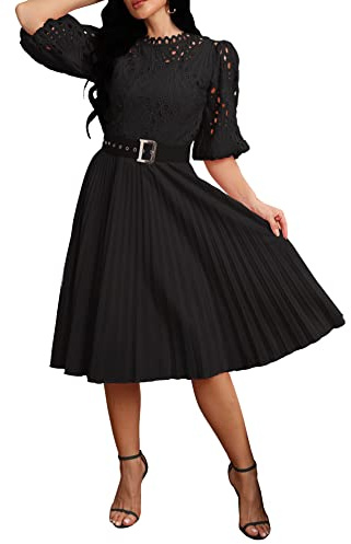IWFEV Robe en dentelle plissée, manches bouffantes, mi-mollet, manches courtes, robe midi, robe de soirée creuse, Noir , L