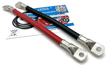 eXODA Set de cable de bateria 50 mm² 20cm con terminales de cable M8 rojo negro flexible para coche barco moto hasta 20160 vatios 1680A 12V para buen rendimiento