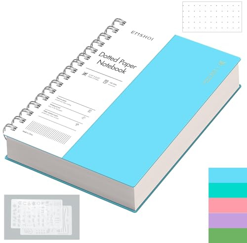 EMSHOI A5 Notebook, Spiral Dotted Journal, 300 Pages, PVC Cover, Blue | 100GSM Paper, Flexible Plastic Cover, Notepad with Journaling Stencils, Pocket, Pen Loop, Bookmark Ruler, 14.5 x 21cm