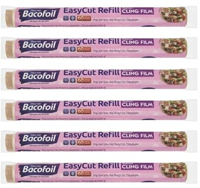 6 x EasyCut Cling Film Refill Rolls Wrapping Freezing Microwaving | Convenient and Durable Kitchen | The Perfect Kitchen Essential | 350mm x 60m | Total 360m of Clingfilm