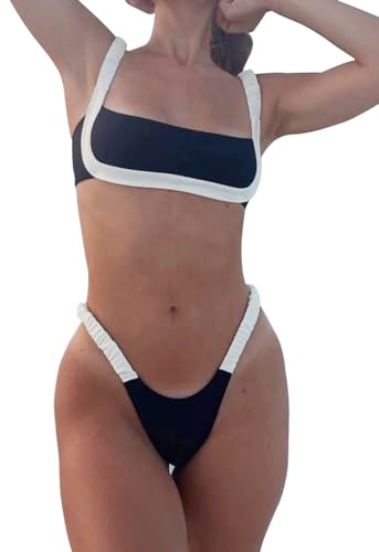 HYTENSUN Women's Bandeau Cheeky Bikini Colorblock Square Neck High Cut Swimsuits Two Pieces Bathing Suits