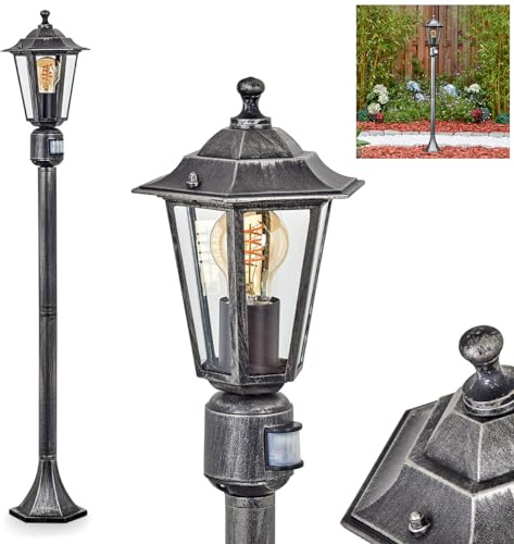 HOFSTEIN Lampada da esterni Loria, lampada da sentiero con sensore di movimento in metallo/vetro nero argento/trasparente, lampada da esterno effetto antico, altezza 107 cm, illuminazione da giardino