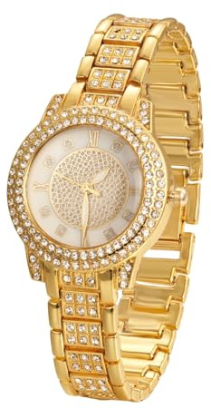 Halukakah Diamonds Gold Watch Iced Out for Boy Teens Kids - 18K Real Gold Plated, Gypsophila Rhinestones Round Dial, Japanese Quartz - 7.7 Length - for Birthday, Parties