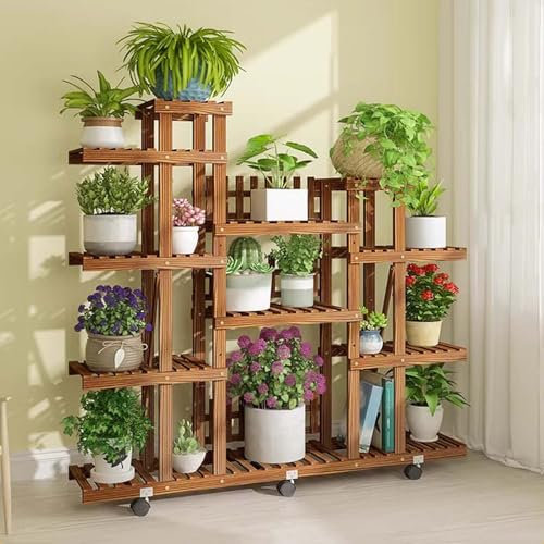 SRHIMEOS Support De Plantes À 8 Étages en Bois, Étagère d'angle en Bois pour Plantes, Porte Plante Balcon avec roulettes, Escalier Fleurs, Décoratif Présentoir pour Salon