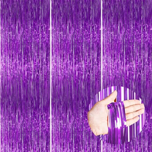 PartyWoo Purple Metallic Tinsel Streamers 8.2FT 3pcs Foil Fringe Curtain