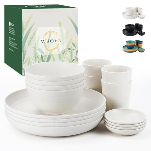 Wrova Reusable Dinner Set - Plates and Bowls Sets of 16 - Unbreakable Plastic Dinner Sets for Kids - Microwave and Dishwasher Safe Dishes for Kitchen, Camping, Indoors and Out Doors. White