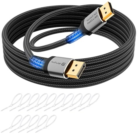Werkybay 8K DisplayPort-kabel 10 m, DP 1,4 kabel, 32,4 Gbps VESA-certifierad, nylonvävd kappa, 8K@60Hz 4K@120Hz 2K@240 Hz, HBR3 HDCP HDR, FreeSync G-Sync, för spelskärm, bärbar dator, TV