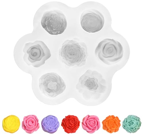 7 Trous Moules Bougies Fleurs, 12 x 12 x 2,5cm Moule en Silicone pour Bougie Forme de Rose, Moule Silicone Bougie Fleurs, Moules à Bougies en Forme de Rose, pour Gâteau, Chandelles, Savon Artisanal