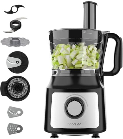 Cecotec Procesador de Alimentos FoodProcessor Comino 1000 Spatula. 1000W, 2 Velocidades, Bowl 2L, Exprimidor Zumos, 3 Discos Corte: para Picar, Rebanar y Amasar, Disco para Cremas, Acero Inoxidable