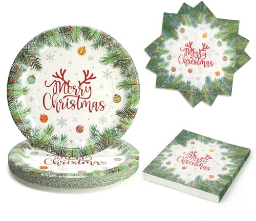 PARTY GO 50 Pezzi Piatti Natalizi di Carta e Tovaglioli Usa e Getta Motivo Rami di Pino Verde, Stoviglie Monouso per Feste Servizio da 25 Persone