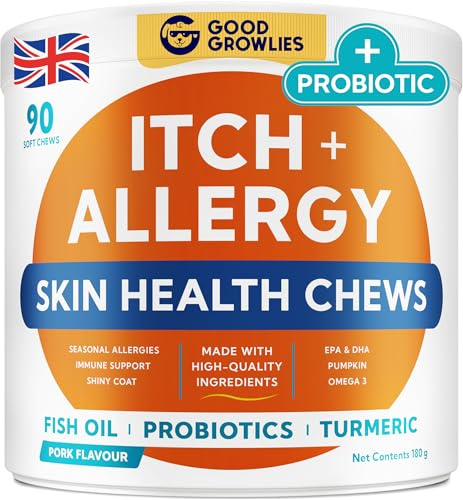 GOODGROWLIES Itchy Dog Skin Relief - Allergy Support Chews - Skin & Coat Supplement - Omega 3 Fish Oil - Itching & Paw Licking - Dry Skin & Hot Spots - 90ct/Pork