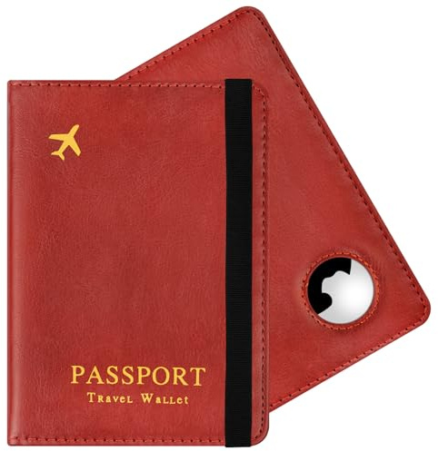 AOOSU Funda Pasaporte, Porta Pasaporte con Bloqueo RFID, Cuero de PU Porta Documentos Viaje con Slot Airtag para Pasaportes Tarjetas Crédito Funda Tarjeta Identific (Rojo)