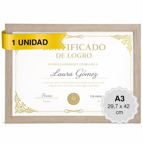 MARCOFOTO Marco de Fotos A3 Beige (29,7x42 cm) Portafotos de Pared en MDF con Cristal - Ideal para Diplomas, Certificados, Pósters y Fotografías - Decoración Hogar y Oficina