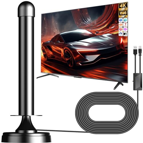 Antena TV Interior 2025, Antena TV Portatil Potente con Amplificador y Base Magnética, 250KM+ Recepción de Larga Distancia, Compatible con 4K 1080P DTMB DVB-T2 DVB-T TDT - All TVs