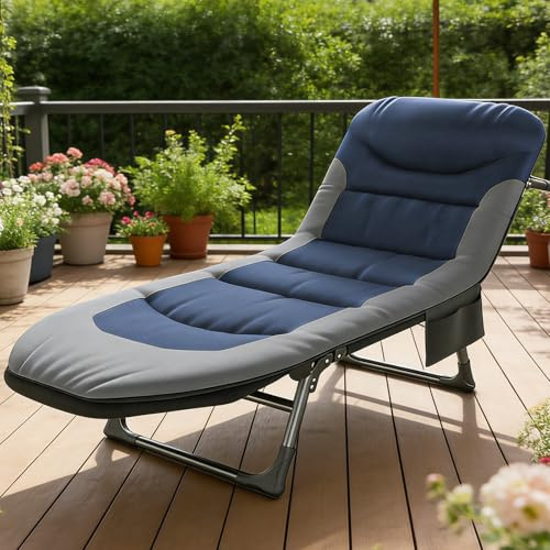 JHYCCDD Camping Cot for Adults, Foldable cots for Adults, Adjustable Reclining Lounger Sleeping Cot Bed with Padded Mattress for Camping, Travel, Garden,Supports 353 LBS (Blue Bed)
