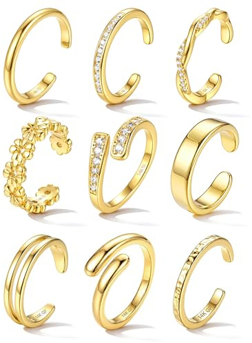 Roheafer 9 Pcs Bagues d'orteil en or 14K 14 Carats pour Femme | Réglables Bagues d'Orteil En Or Anneaux d'orteil ouverts marguerite CZ Ensemble de Bijoux de Pied de Plage pour Femmes