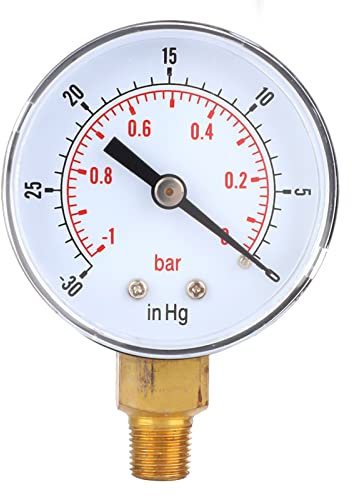 1/8 BSPT-Unterdruckmanometer mit Bodenanschluss, 50 mm Messuhr, 1-0Bar -30-0inHg Dual-Scale-Manometer zur Messung von Luft, Wasser, Öl und Gas