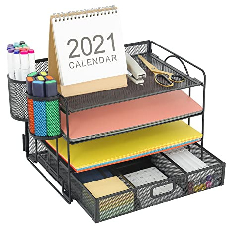 Marbrasse Desk Organizer and Accessories4-Tier Paper File Letter Tray Accessories & Workspace Desk Organizers with Drawer and 2 Pen Holders for School Home Office Supplies (Black)