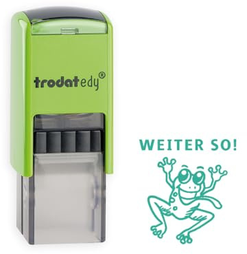 Trodat edy FIX Tampon de motivation pour enseignants et éducateurs - 1 motif grenouille - Allemand - Boîtier vert - Empreinte verte - Auto-encreur - 20 x 20 mm