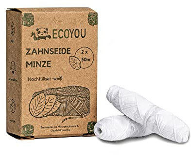 EcoYou Zahnseide nachhaltig aus Bambus-Aktivkohle, Nachfüllset, 2x30 m, vegan & reißfest, Minz Geschmack, weiß