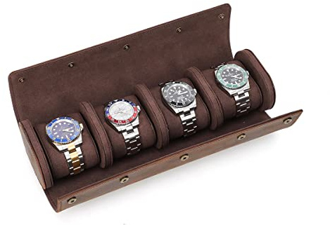 CONTACTS Watch Roll Leather Travel Watch Case 4 Slot Crazy Horse Leather Watch Box for Men Watch Holder Storage Pouch (for 4 Pcs Watches)
