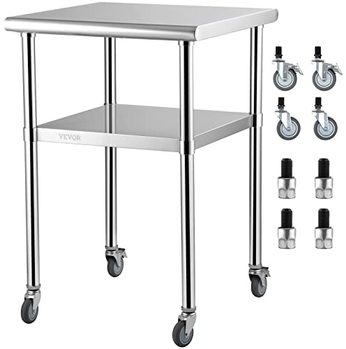 VEVOR Table de Travail INOX 61x61x85 cm Préparation 2 Niveaux 272,4 kg Cuisine Étagère Réglable Roues Rangement Aliments Restaurant Bar Garage