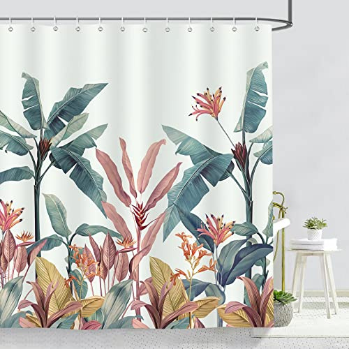 Bonhause Cortina de Ducha Hojas de Plátano Planta Tropical Verde 180 x 200 cm Cortina de Baño de Poliéster Impermeable Antimoho Lavable Cortina Ducha con 12 Ganchos
