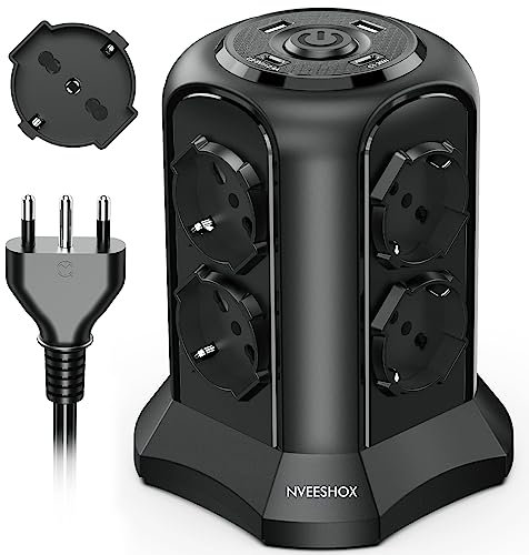 NVEESHOX Ciabatta Multipresa Verticale con 8 Prese Universali ITA 10/16A e Schuko, USB-C 20W PD3.0 e USB-A, 4000W/16A Protezione Sovratensione Interruttore, 2M Cavo (Nero)
