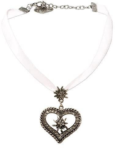 Alpenflüstern Satin-Trachtenkette Strass-Edelweiss-Herz - Damen-Trachtenschmuck, Dirndlkette Trachtenherz (weiß) DHK241