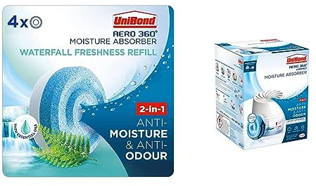 Unibond AERO 360° Moisture Absorber Waterfall Freshness Refill Tab, (4 x 450g) UniBond AERO 360 Compact Moisture Absorber, Ultra-Absorbent Dehumidifier 1 Device incl. 1 Refill Tab 450g