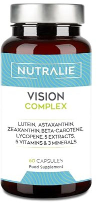 Vision Complex Lutein + Zeaxanthin + Astaxanthin - Vitamine C E und A - Komplex 18 Zutaten mit Zink Selen Kupfer Lycopin + Thiamin Riboflavin - 60 Kapseln Nutralie
